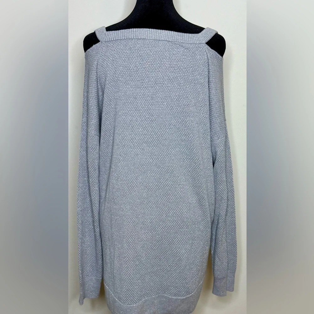 Michael Kors gray silver sparkle peek a boo shoulder split hem sweater XL EUC